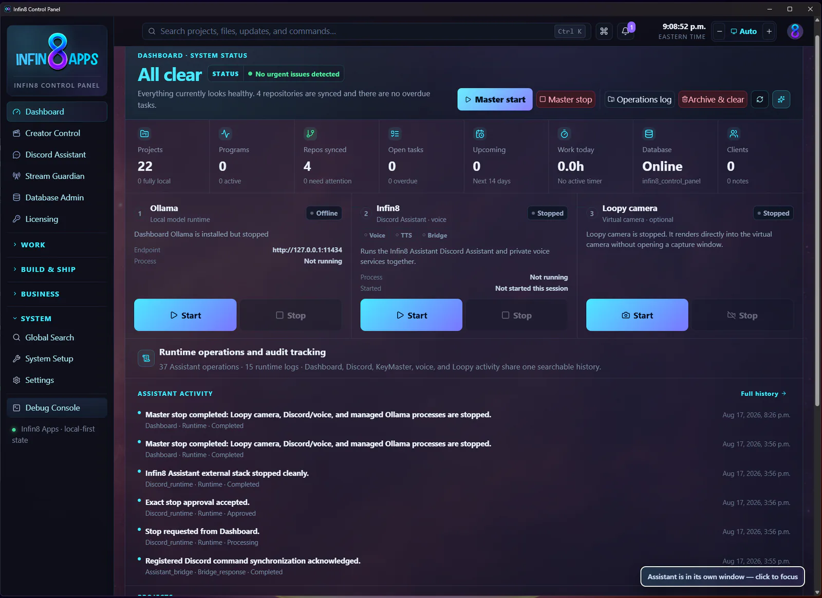 Infin8 Assistant dashboard showing Fin camera, local Ollama, and Discord Assistant runtime controls