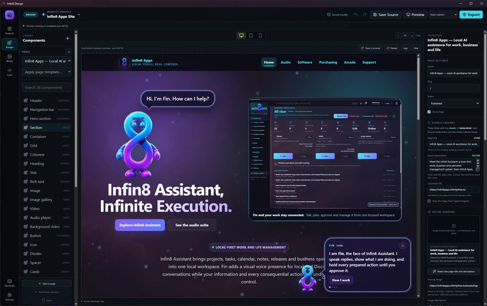 Infin8 Design editing the Infin8 Apps website with page components, a live preview and page inspector