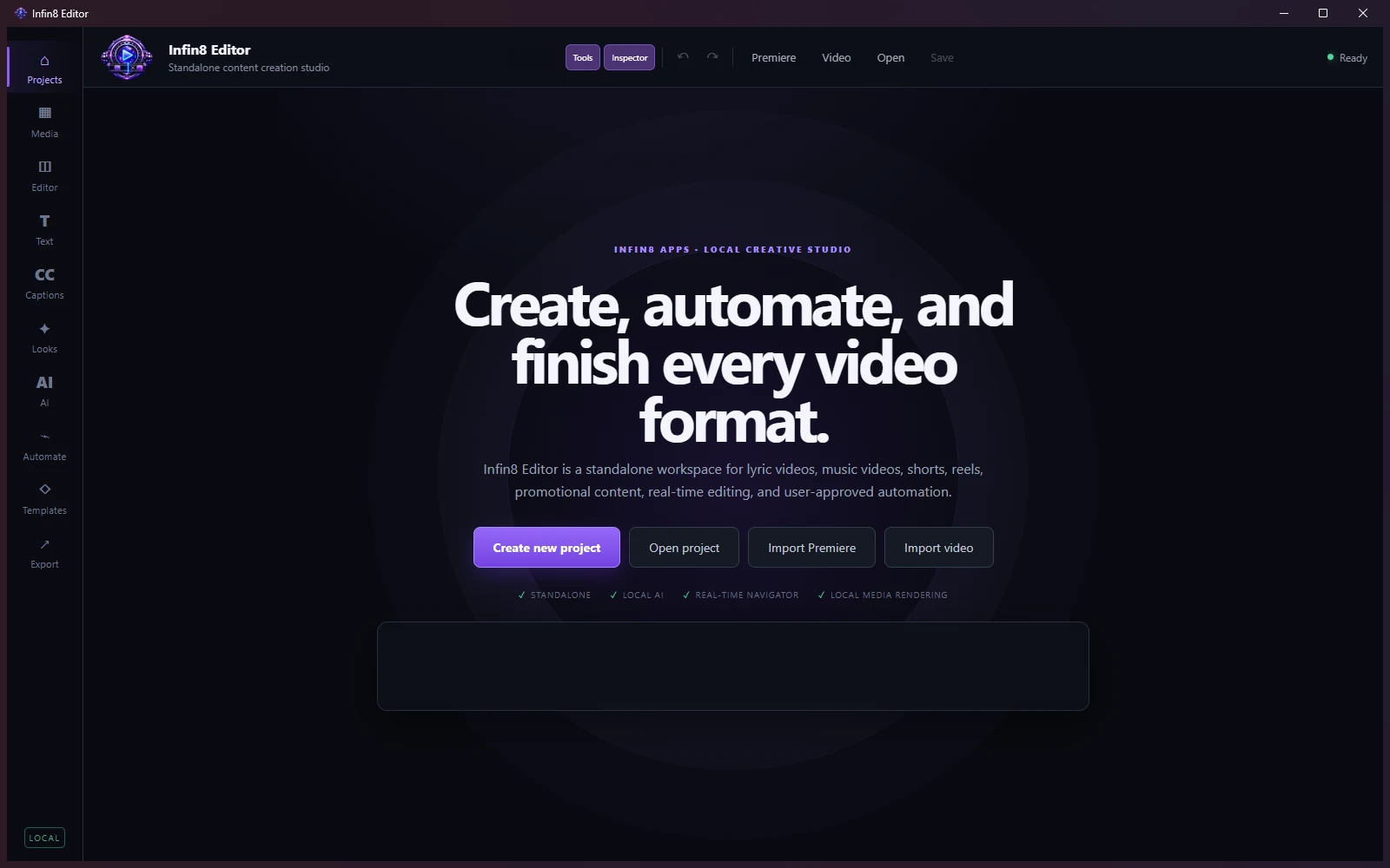 Infin8 Editor local-first AI video editing studio