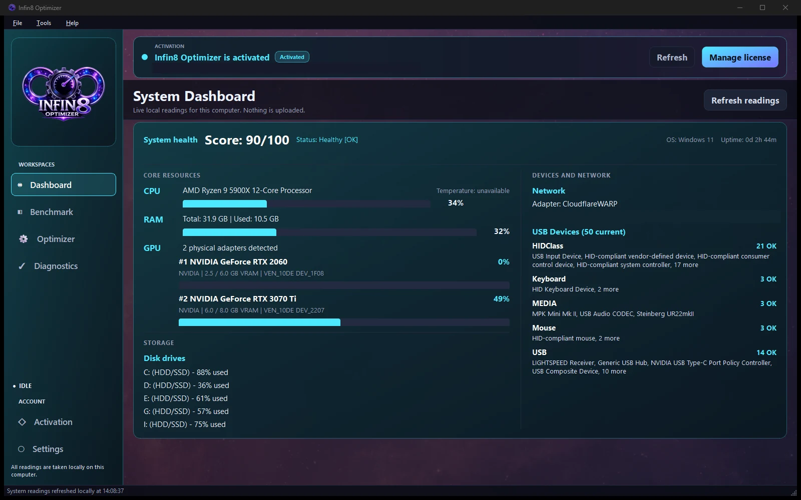 Infin8 Optimizer system dashboard showing a health score with CPU, RAM, GPU, device and disk readouts