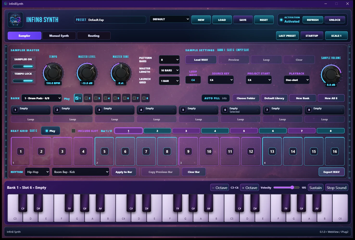 Full Infin8 Synth plugin interface showing oscillators, filtering and modulation