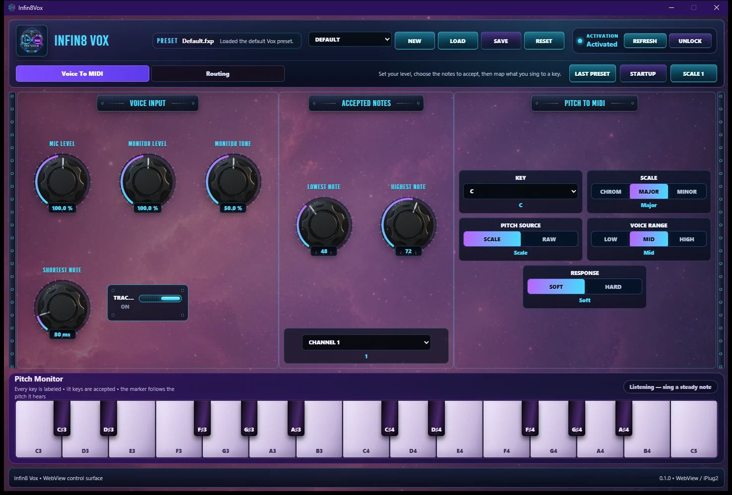 Full Infin8 Vox plugin interface showing signal detection and accepted note range
