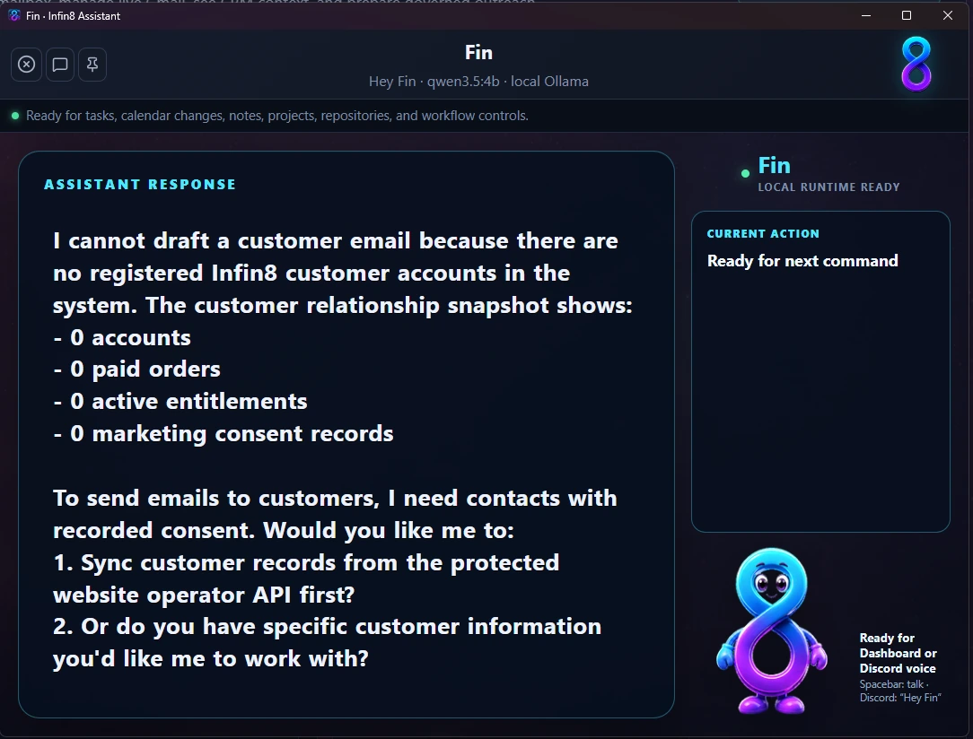 Fin explaining it cannot draft a customer email because the customer relationship snapshot shows zero accounts, orders, entitlements and consent records, then offering to sync from the operator API or use supplied details
