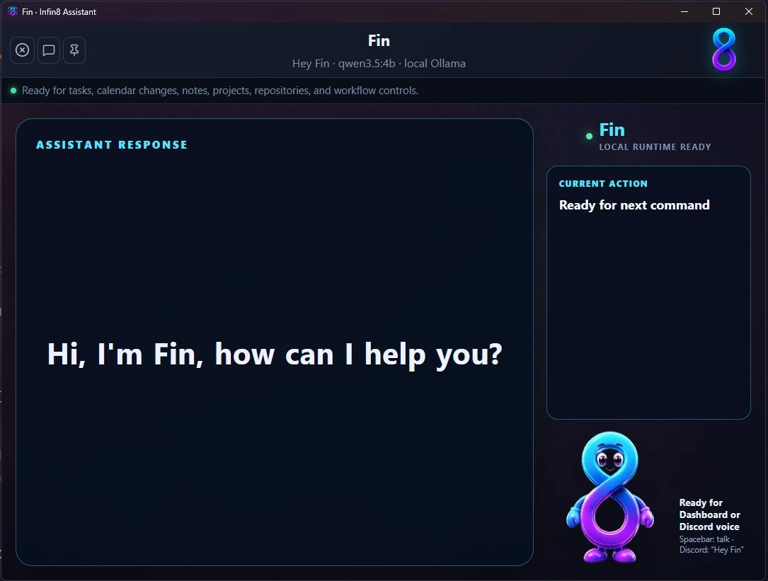 The Fin Assistant window: the assistant response pane reading “Hi, I'm Fin, how can I help you?” beside a live Current Action panel