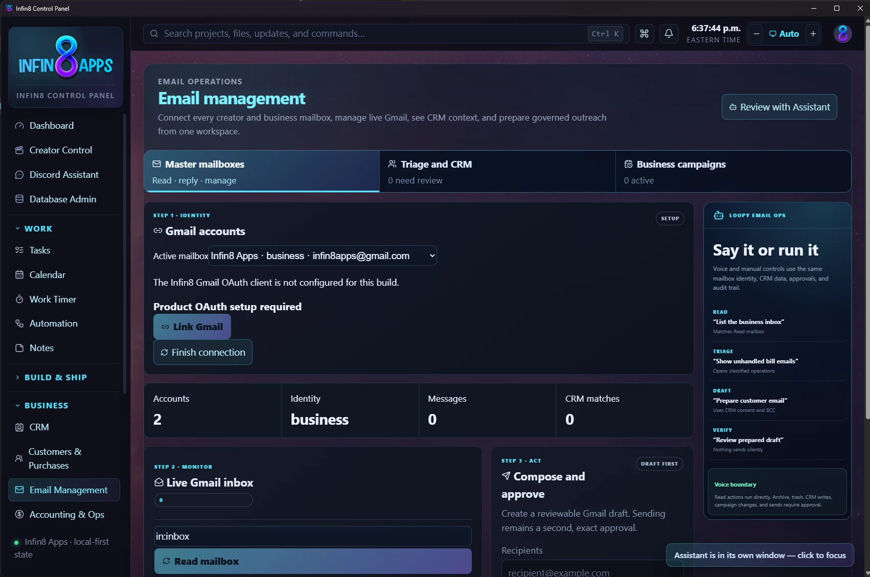 The Infin8 Assistant Email Management workspace: Gmail accounts, live inbox, compose-and-approve, and a voice command reference listing read, triage, draft and verify phrases